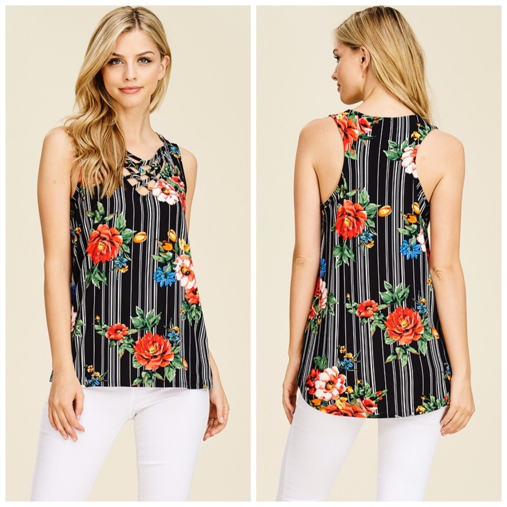 LAST 1! ❤️Crisscross Floral Striped Top! - Picture 4 of 7